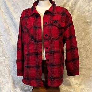 Red & black plaid button up 100% cotton with pockets Shacket